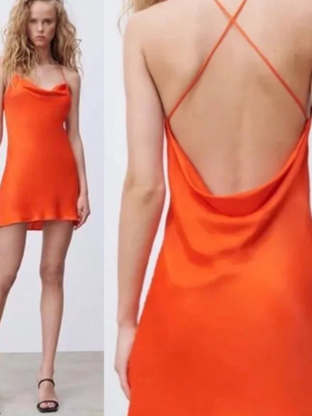 Zara Vibrant Orange Slip flowy mini dress spaghetti strap low back